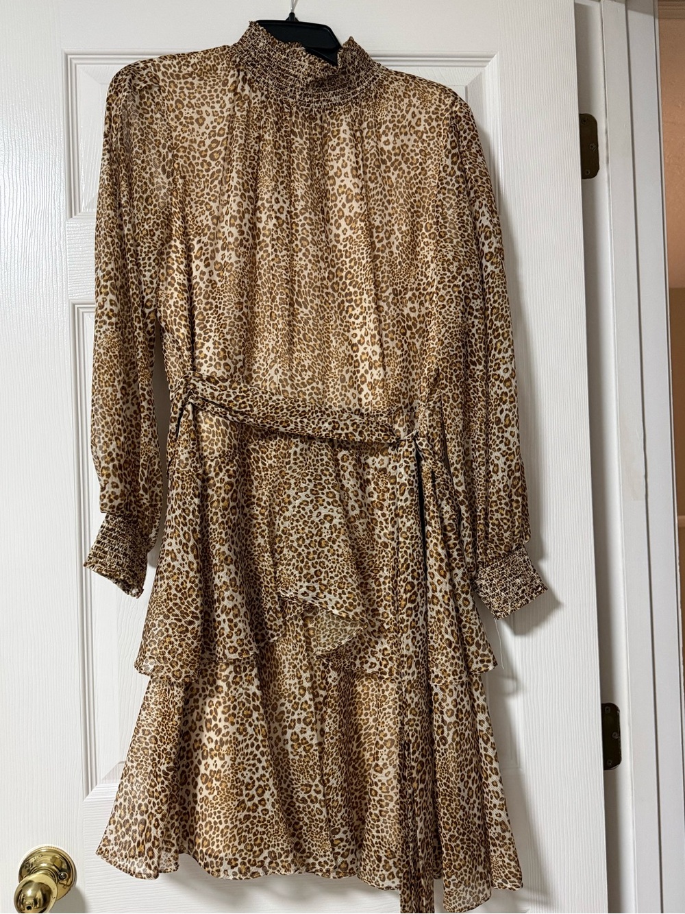 Alex Marie Cream and Brown Leopard Smocked-Neck Dress